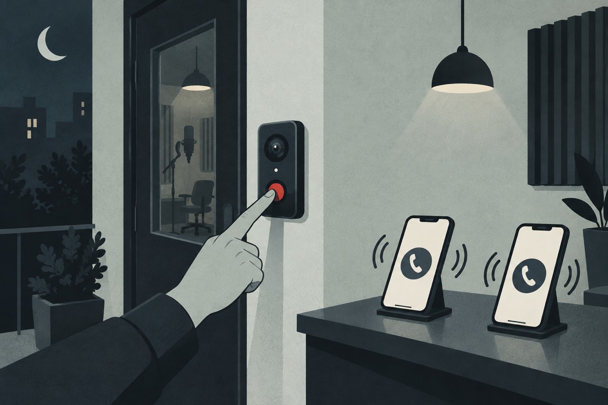 Illustration of a finger pressing a video doorbell beside a studio door, with two phones ringing on a counter